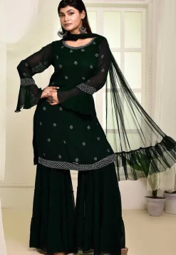 Hand Embroidered Georgette Pakistani Suit in Dark Green