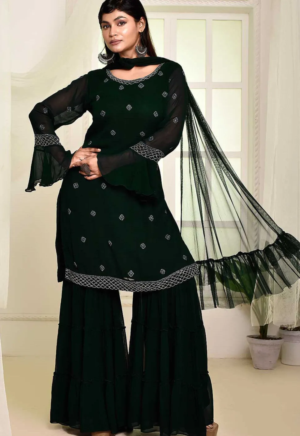 Hand Embroidered Georgette Pakistani Suit in Dark Green