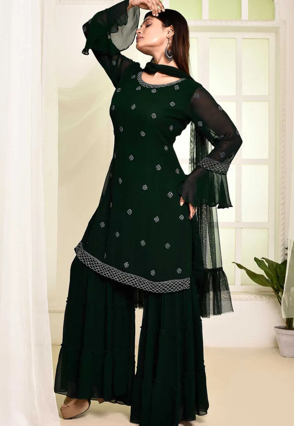 Hand Embroidered Georgette Pakistani Suit in Dark Green