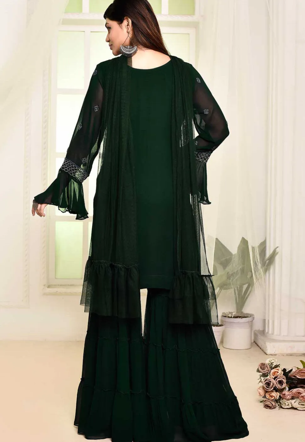 Hand Embroidered Georgette Pakistani Suit in Dark Green