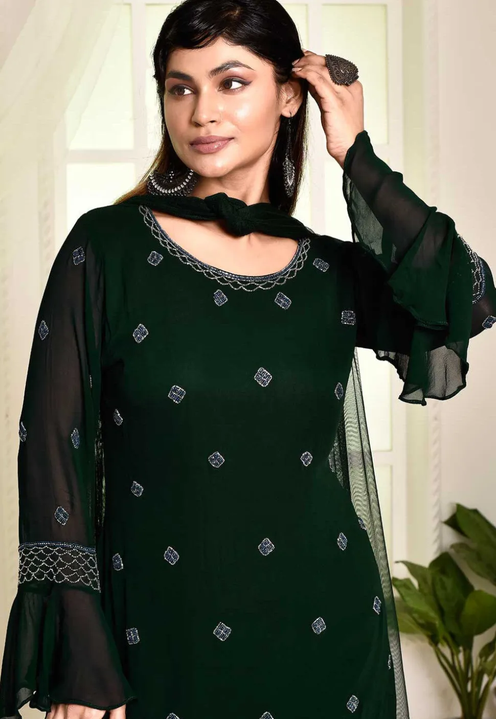Hand Embroidered Georgette Pakistani Suit in Dark Green