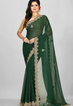 Hand Embroidered Georgette Saree in Dark Green