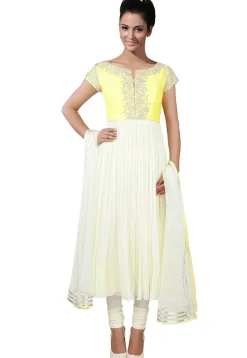 Hand Embroidered Georgette Anarkali Suit in White and Yellow