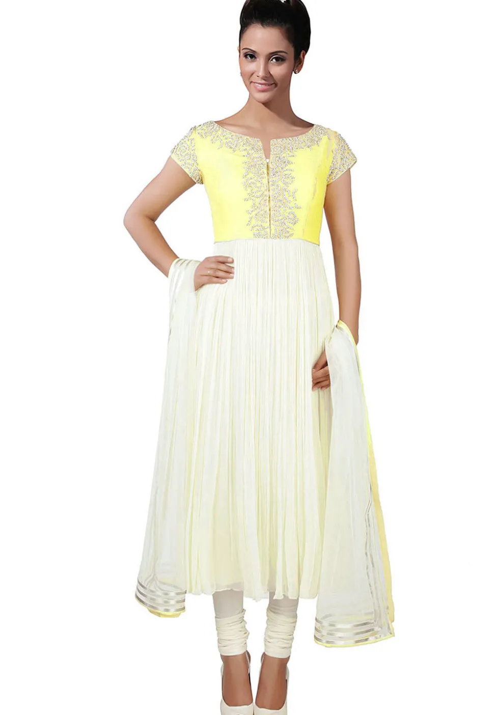 Hand Embroidered Georgette Anarkali Suit in White and Yellow