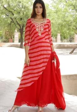 Hand Embroidered Georgette Layered Kurta in Red