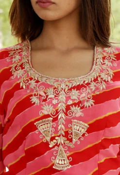 Hand Embroidered Georgette Layered Kurta in Red