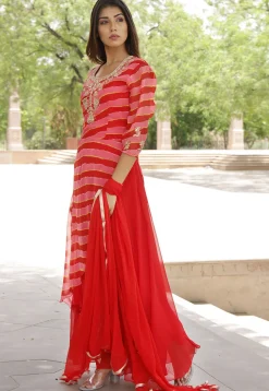 Hand Embroidered Georgette Layered Kurta in Red