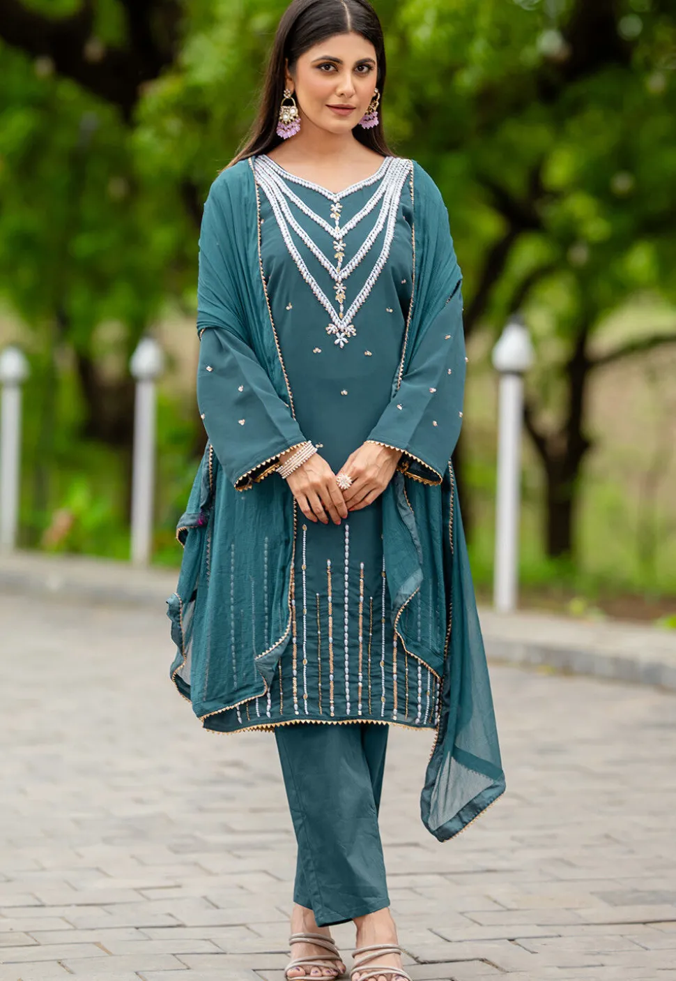 Hand Embroidered Georgette Pakistani Suit in Teal Blue