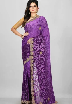 Hand Embroidered Georgette Brasso Saree in Purple