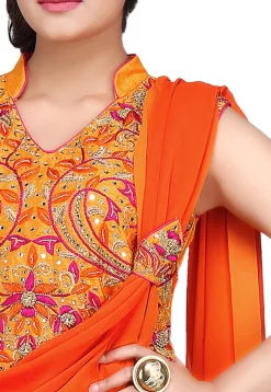 Hand Embroidered Georgette Saree Style Gown in Orange and Mustard
