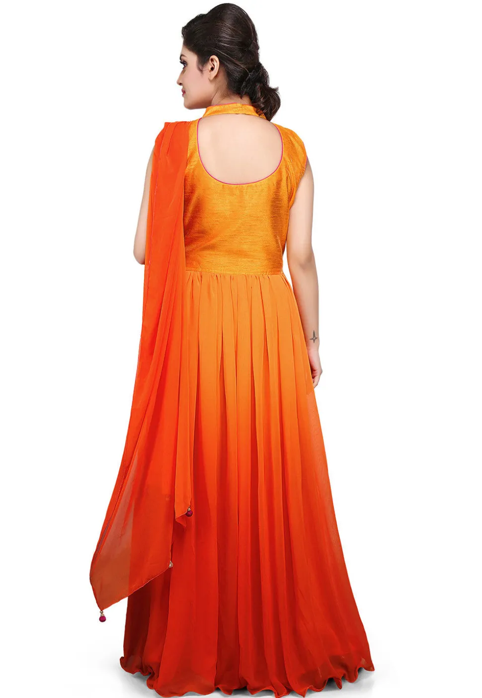 Hand Embroidered Georgette Saree Style Gown in Orange and Mustard