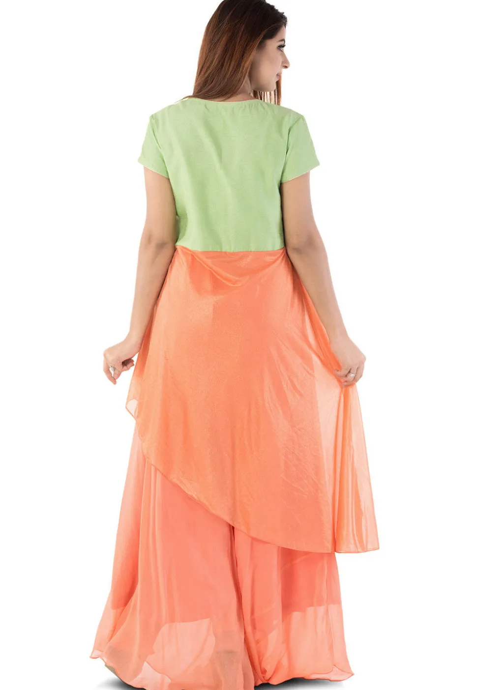 Hand Embroidered Georgette Abaya Style Suit in Orange and Green