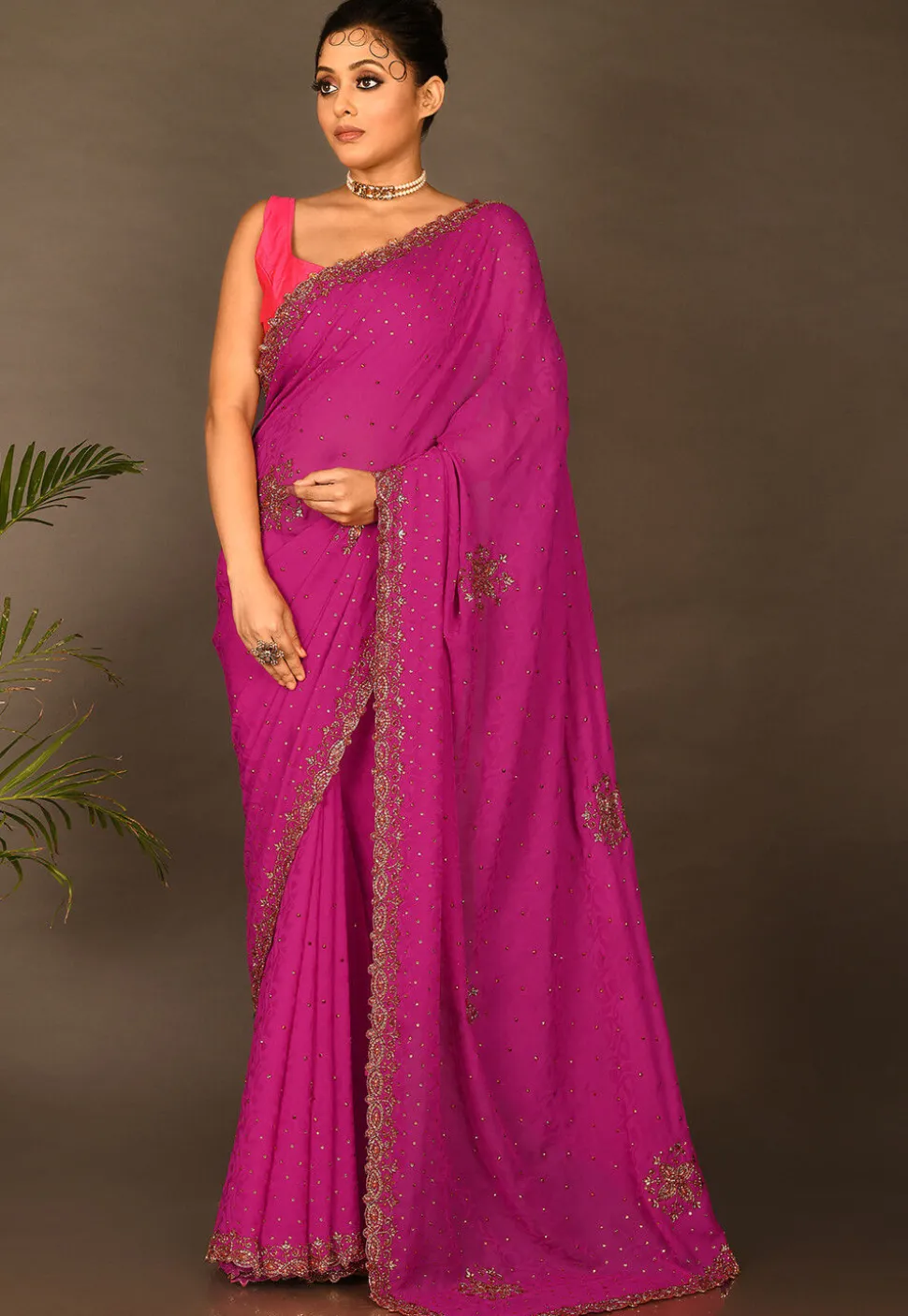 Hand Embroidered Georgette Saree in Fuchsia