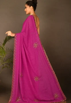 Hand Embroidered Georgette Saree in Fuchsia