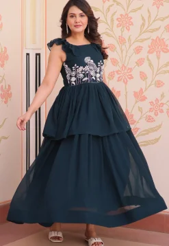 Hand Embroidered Georgette Layered Gown in Teal Blue