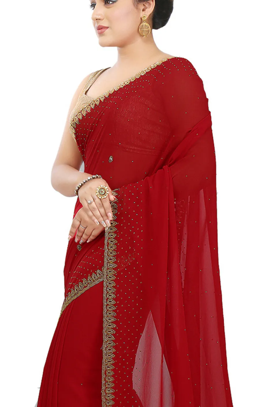 Hand Embroidered Georgette Saree in Red