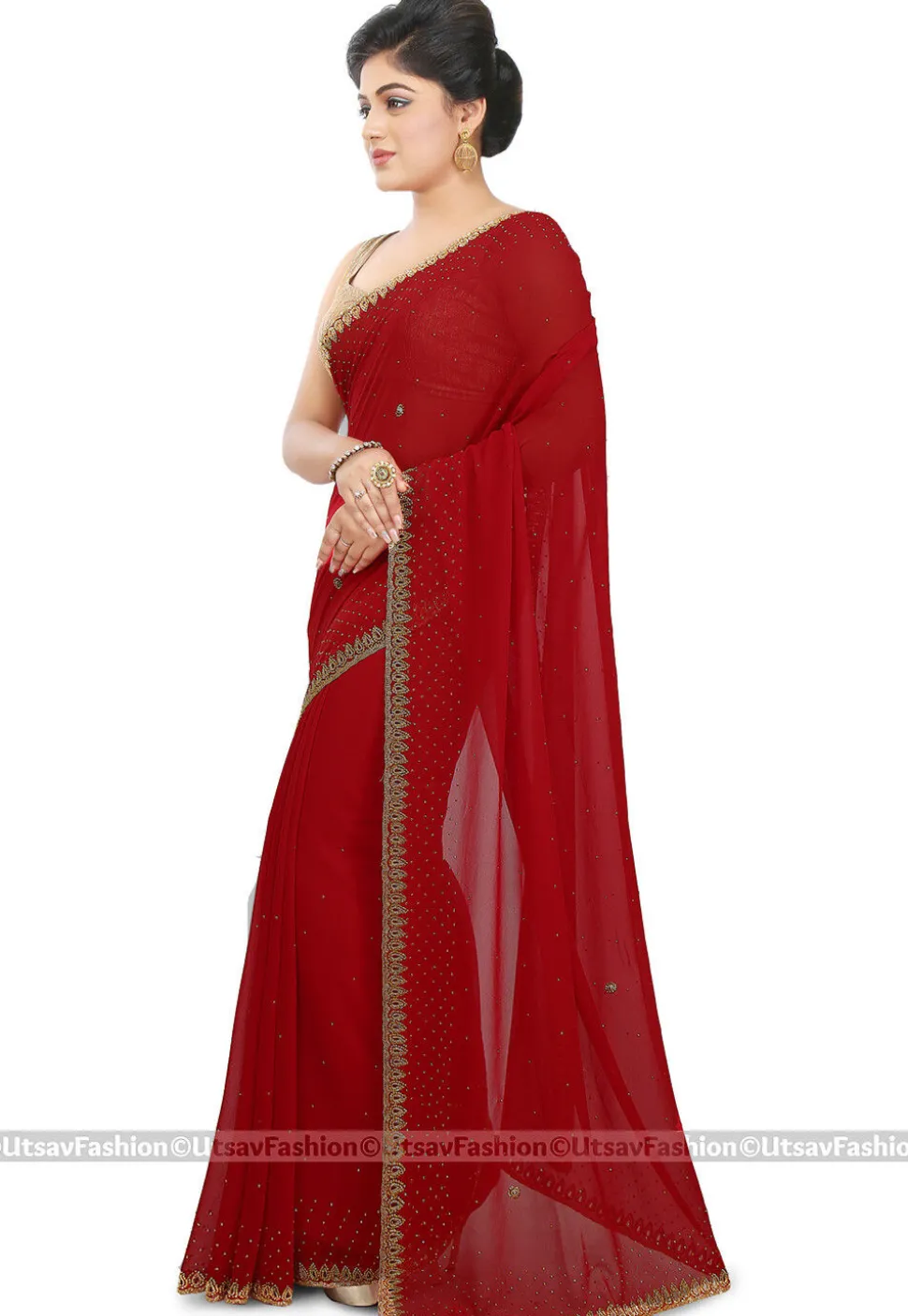 Hand Embroidered Georgette Saree in Red