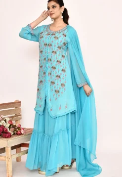 Hand Embroidered Georgette Lehenga in Sky Blue