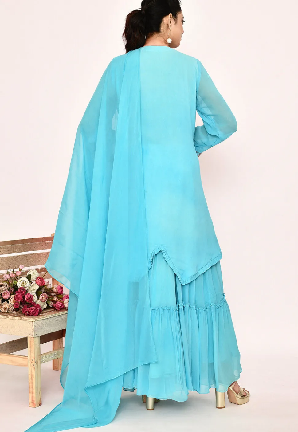 Hand Embroidered Georgette Lehenga in Sky Blue
