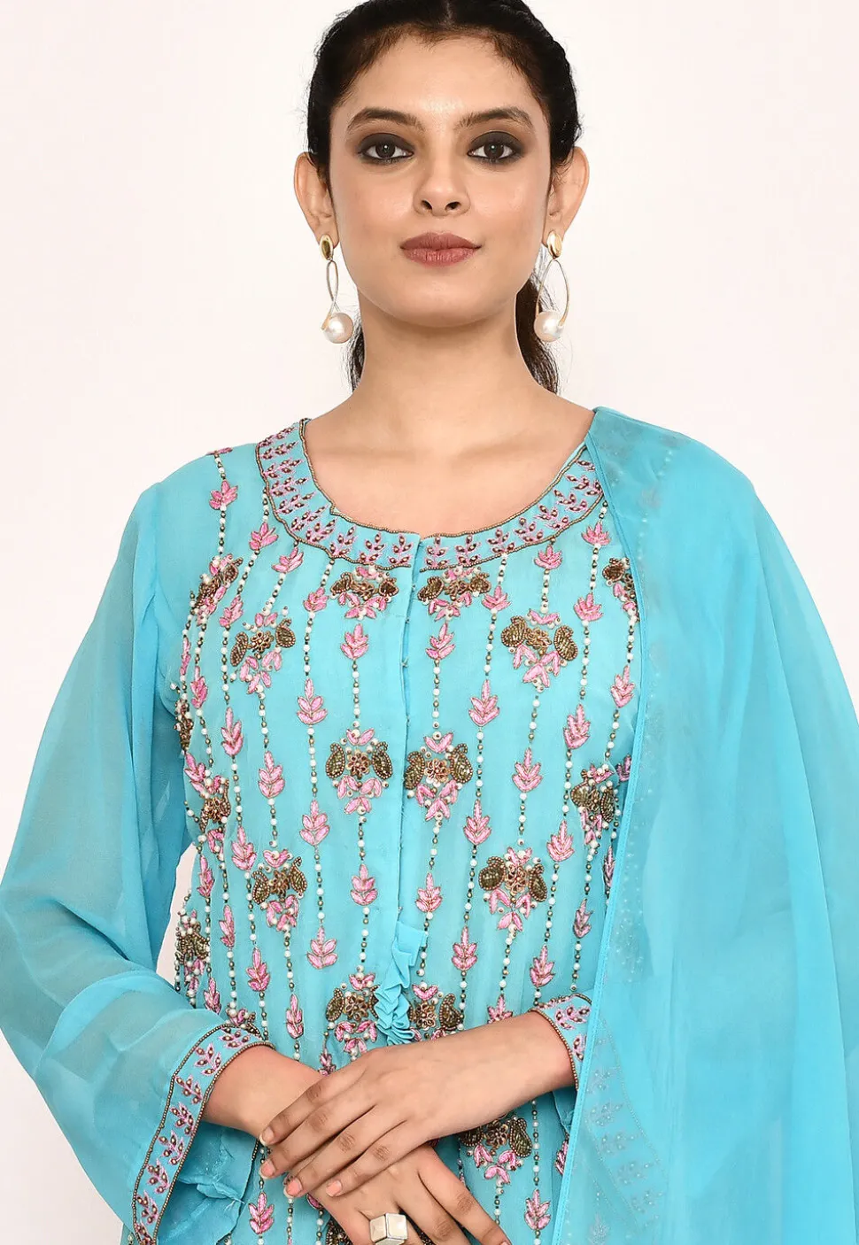 Hand Embroidered Georgette Lehenga in Sky Blue