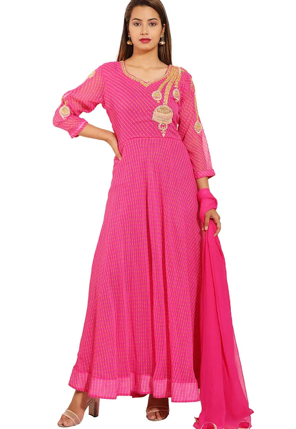 Hand Embroidered Georgette Abaya Style Suit in Pink