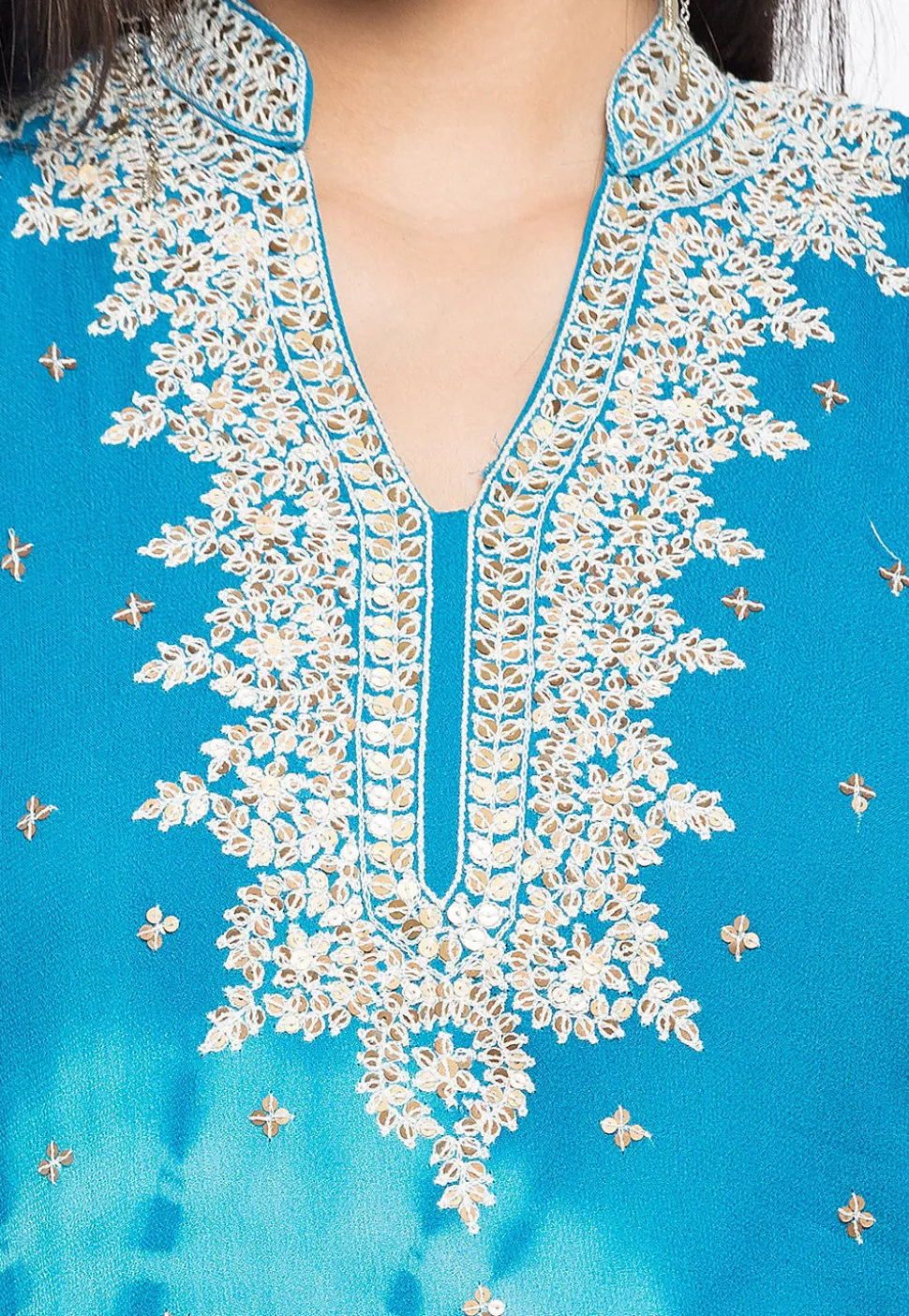 Hand Embroidered Georgette Straight Kurta in Sky Blue