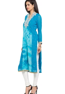 Hand Embroidered Georgette Straight Kurta in Sky Blue