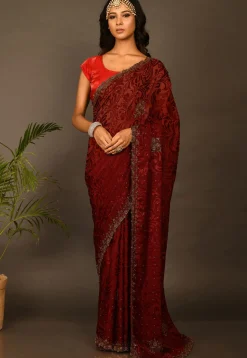 Hand Embroidered Georgette Brasso Saree in Red Ombre