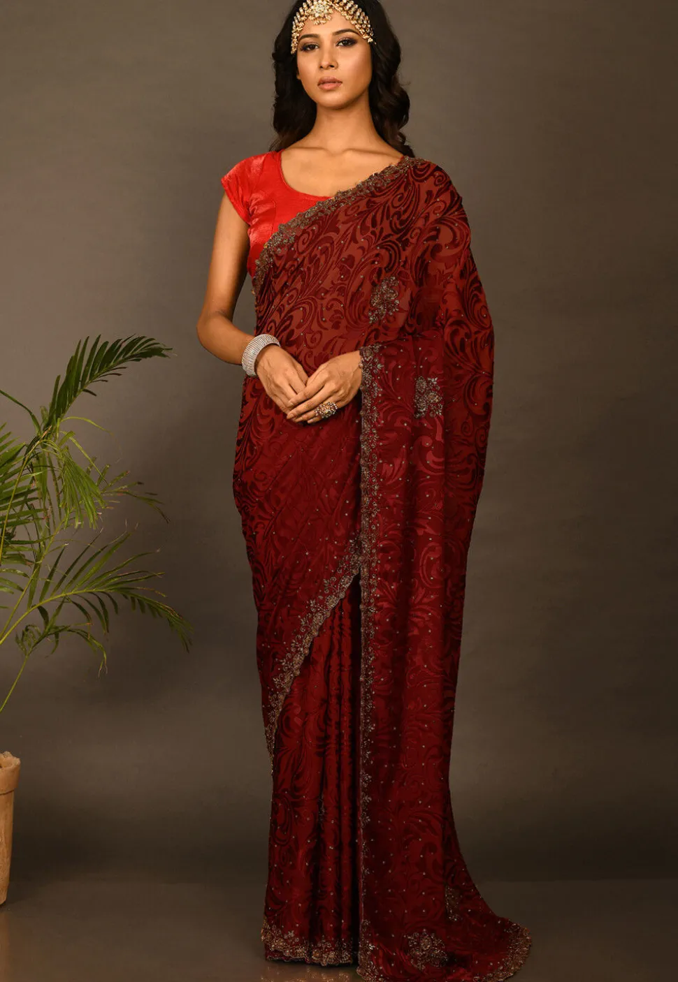 Hand Embroidered Georgette Brasso Saree in Red Ombre