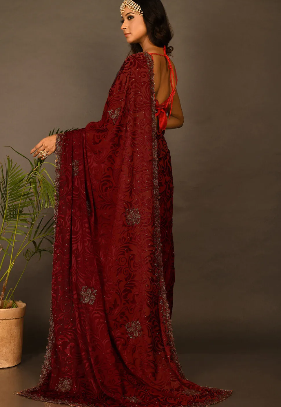 Hand Embroidered Georgette Brasso Saree in Red Ombre