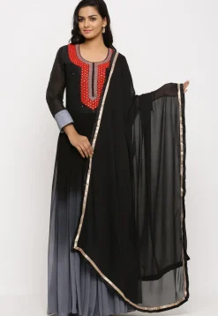 Hand Embroidered Georgette Abaya Style Suit in Ombre Black