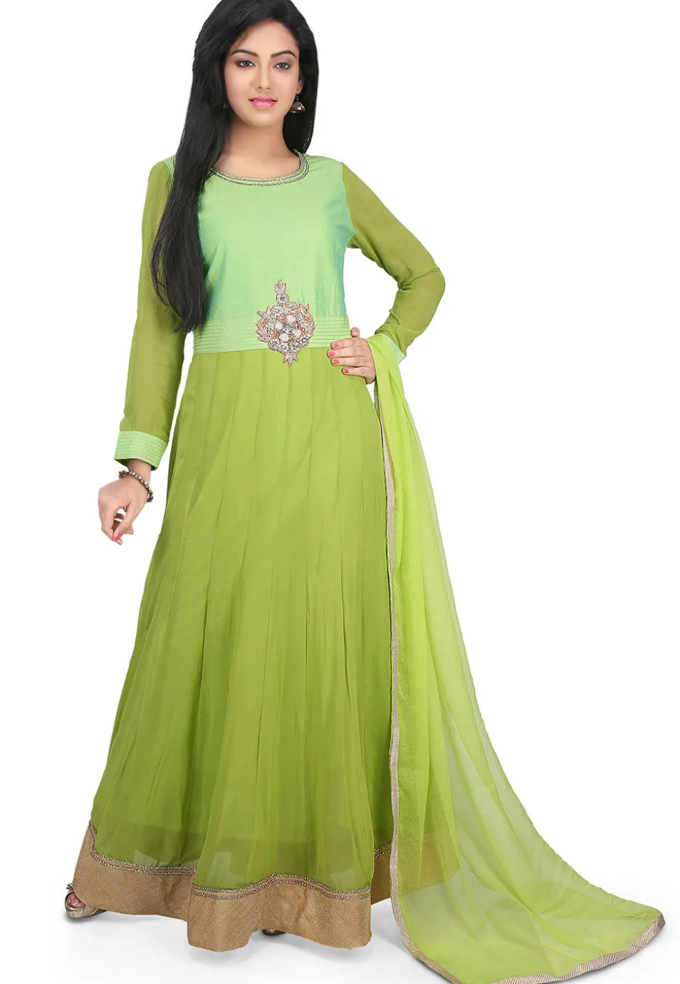 Hand Embroidered Georgette Abaya Style Suit in Light Green