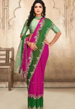 Hand Embroidered Georgette Saree in Fuchsia