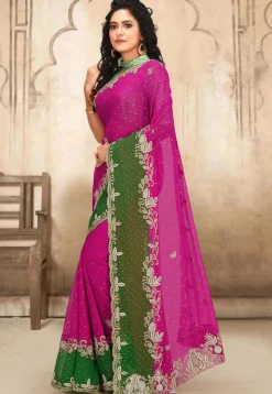 Hand Embroidered Georgette Saree in Fuchsia