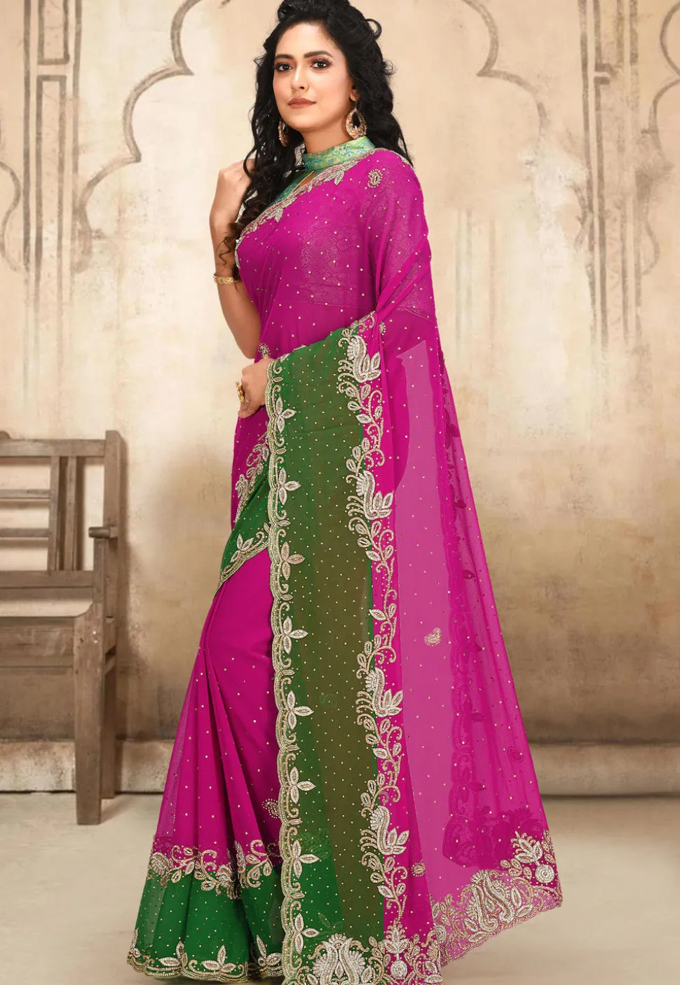 Hand Embroidered Georgette Saree in Fuchsia