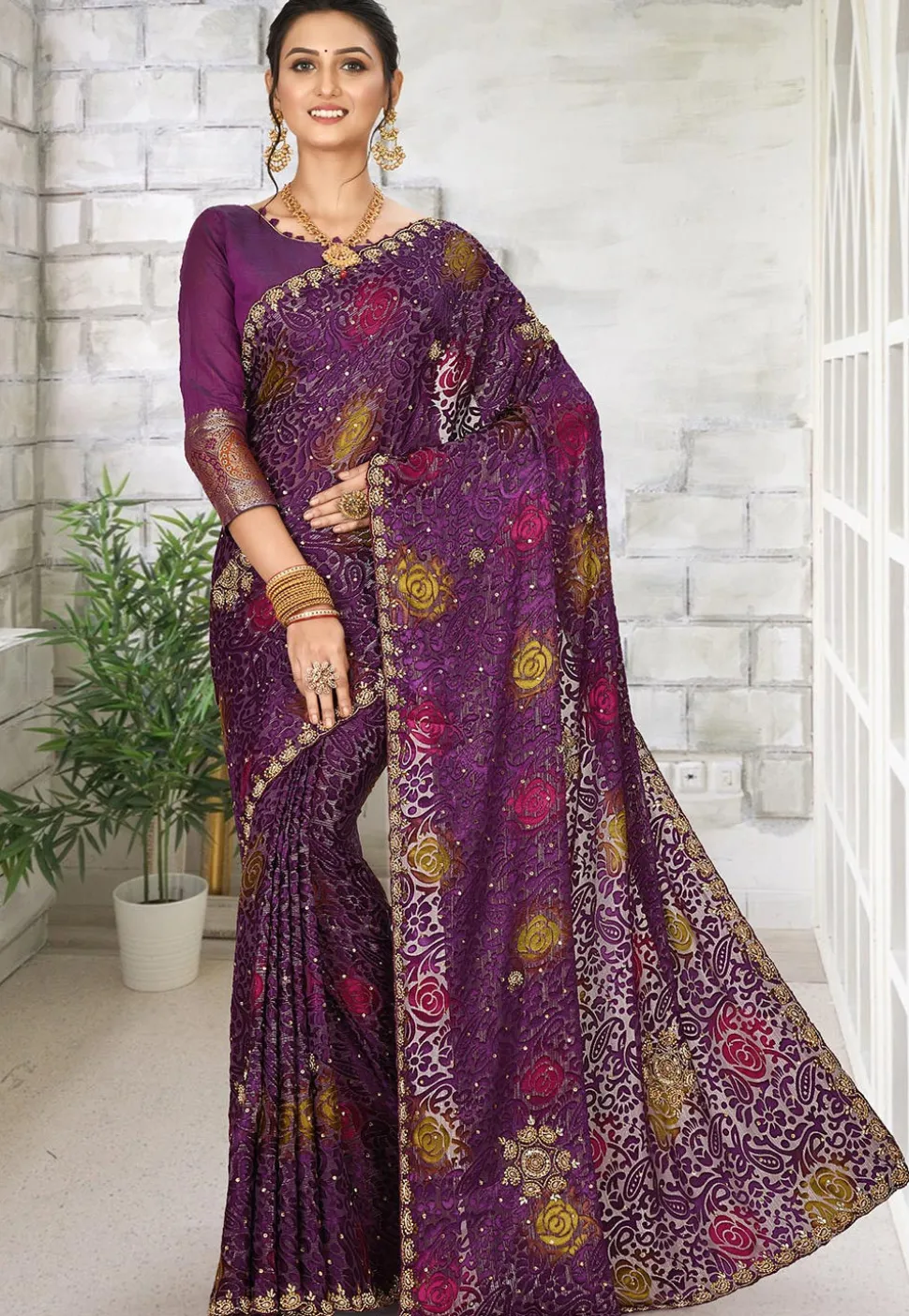 Hand Embroidered Georgette Brasso Saree in Dark Purple