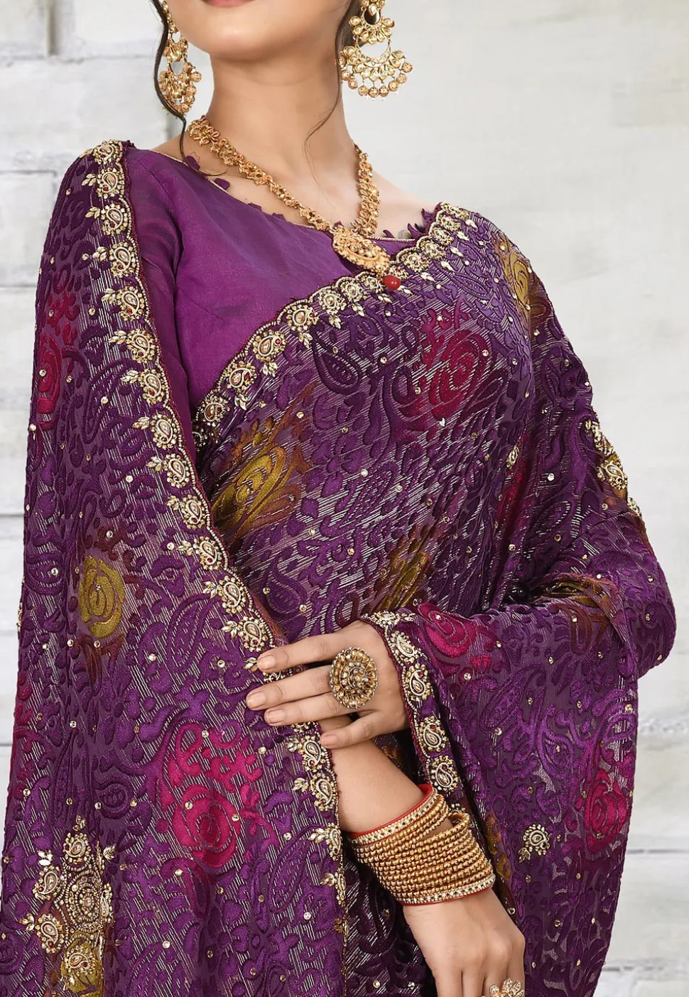 Hand Embroidered Georgette Brasso Saree in Dark Purple