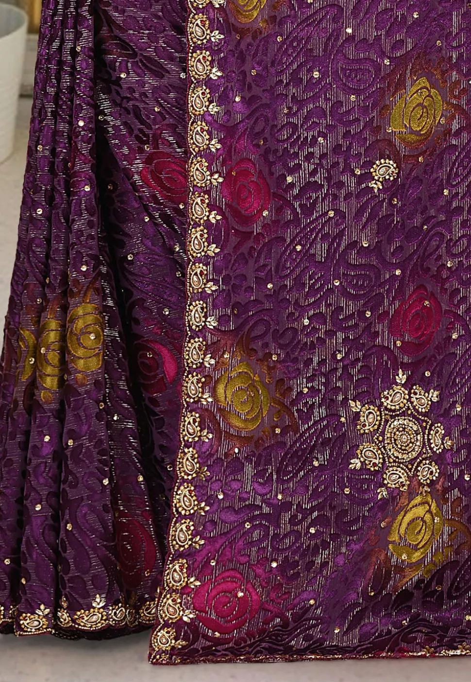 Hand Embroidered Georgette Brasso Saree in Dark Purple