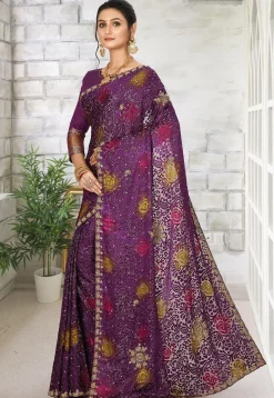 Hand Embroidered Georgette Brasso Saree in Dark Purple