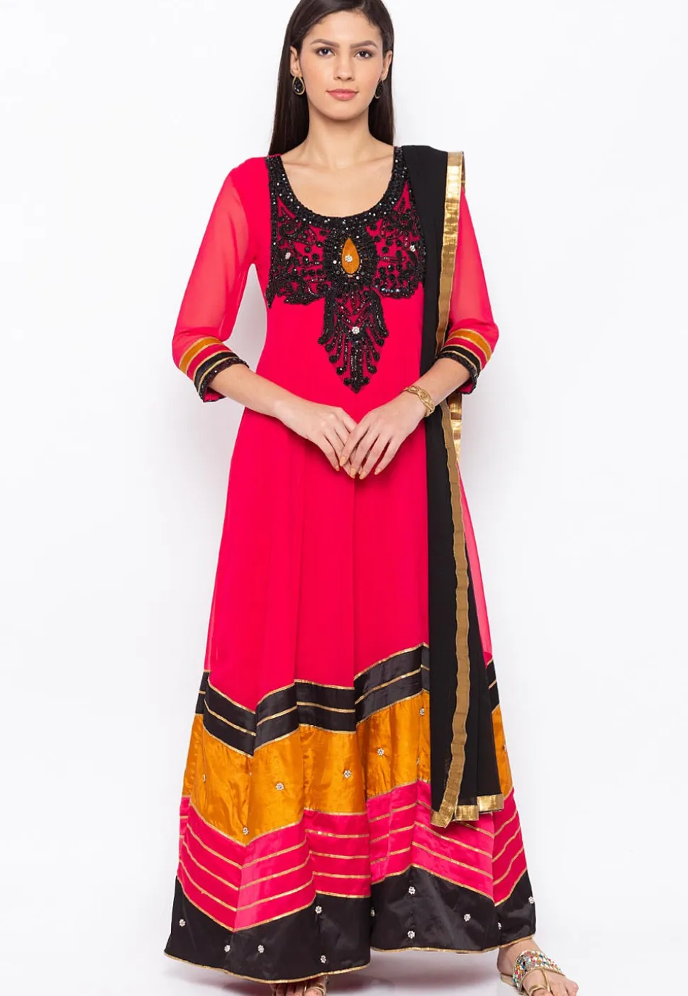 Hand Embroidered Georgette Abaya Style Suit in Fuchsia
