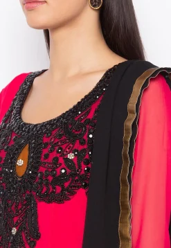 Hand Embroidered Georgette Abaya Style Suit in Fuchsia