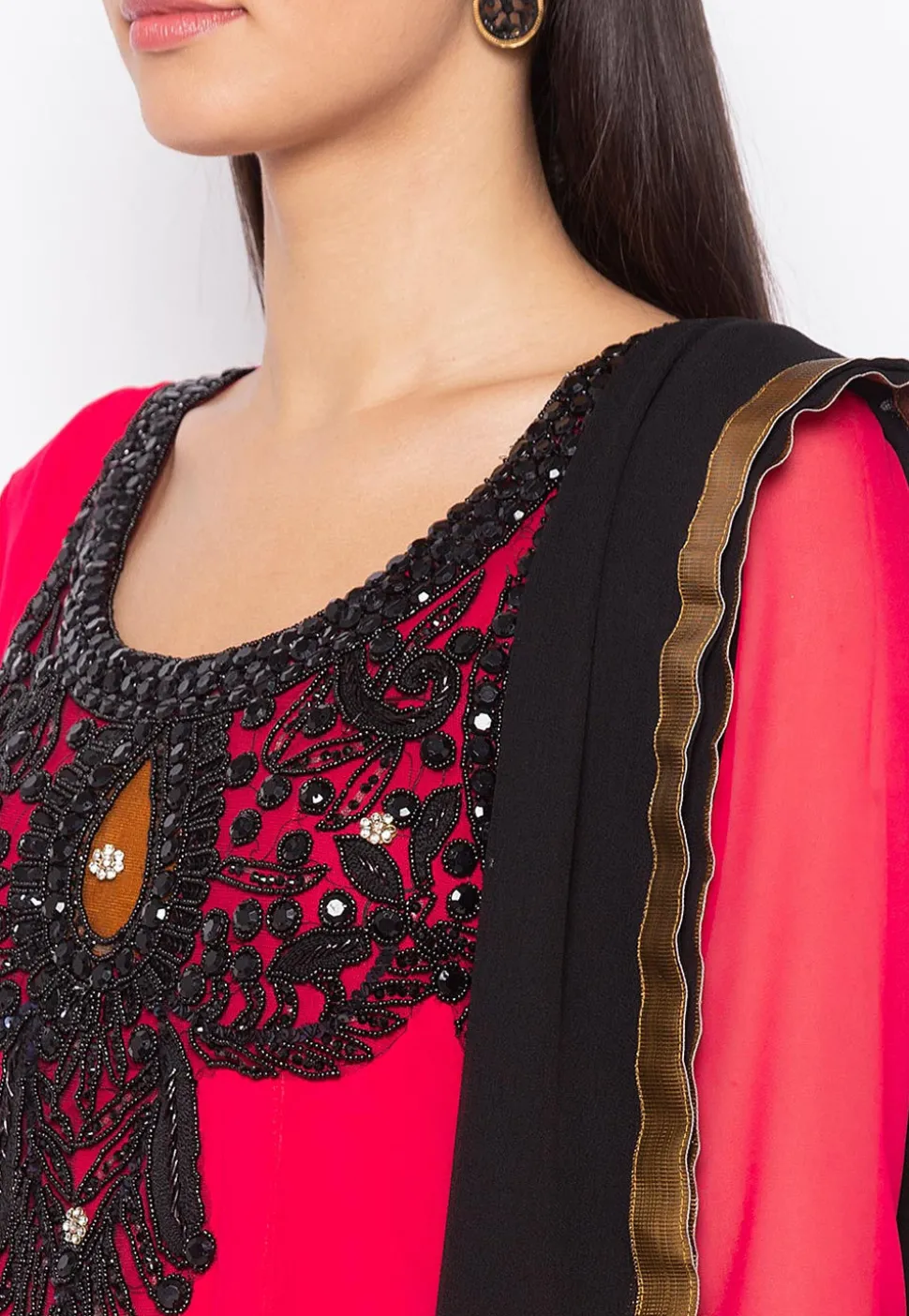 Hand Embroidered Georgette Abaya Style Suit in Fuchsia