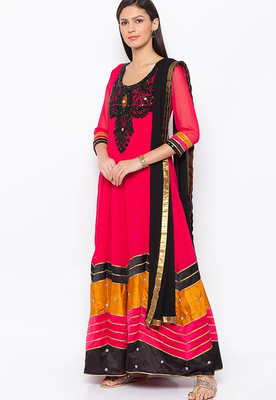 Hand Embroidered Georgette Abaya Style Suit in Fuchsia