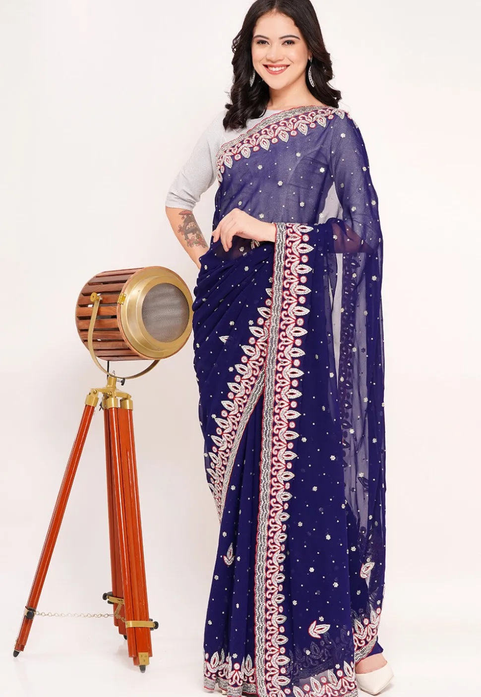 Hand Embroidered Georgette Saree in Navy Blue