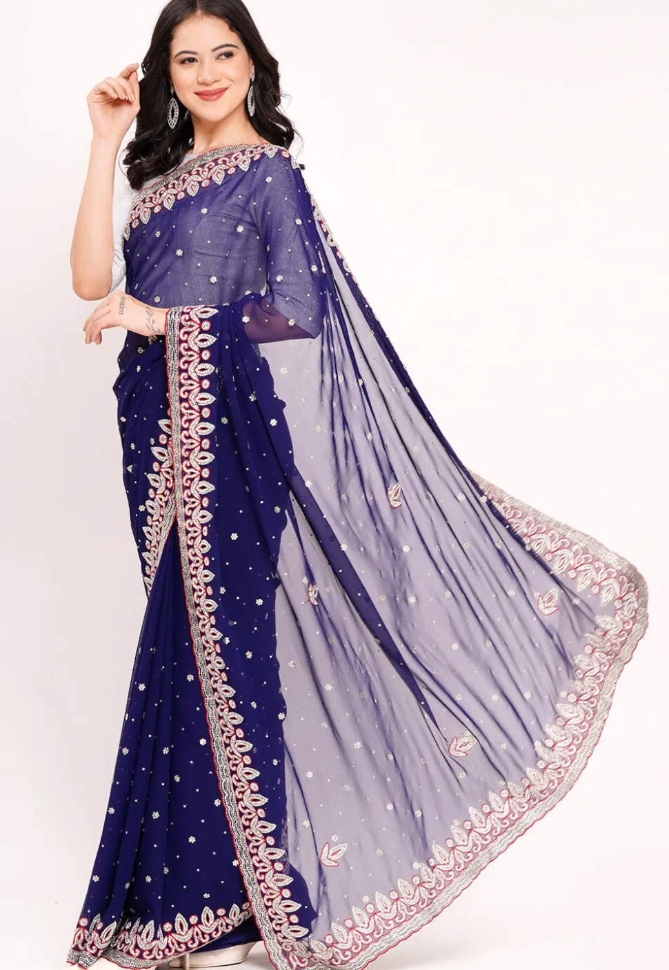 Hand Embroidered Georgette Saree in Navy Blue