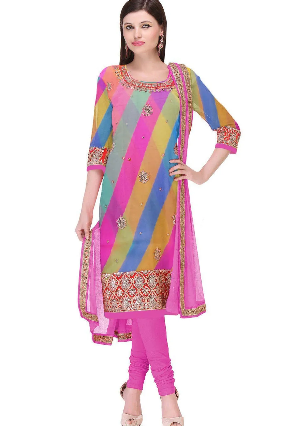 Hand Embroidered Georgette Straight Suit in Multicolor