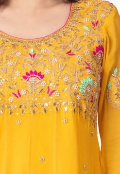 Hand Embroidered Georgette Abaya Style Suit in Mustard