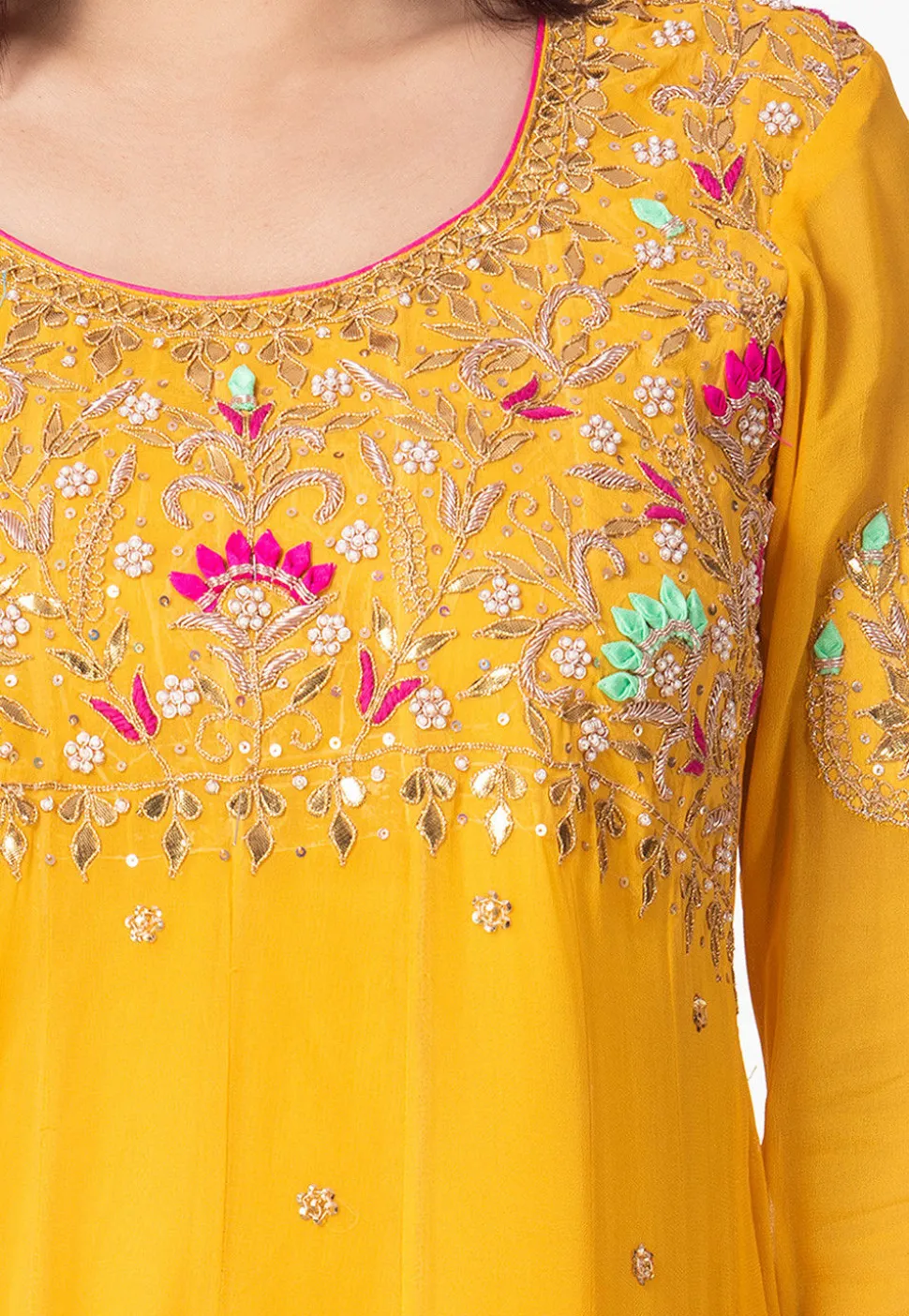 Hand Embroidered Georgette Abaya Style Suit in Mustard