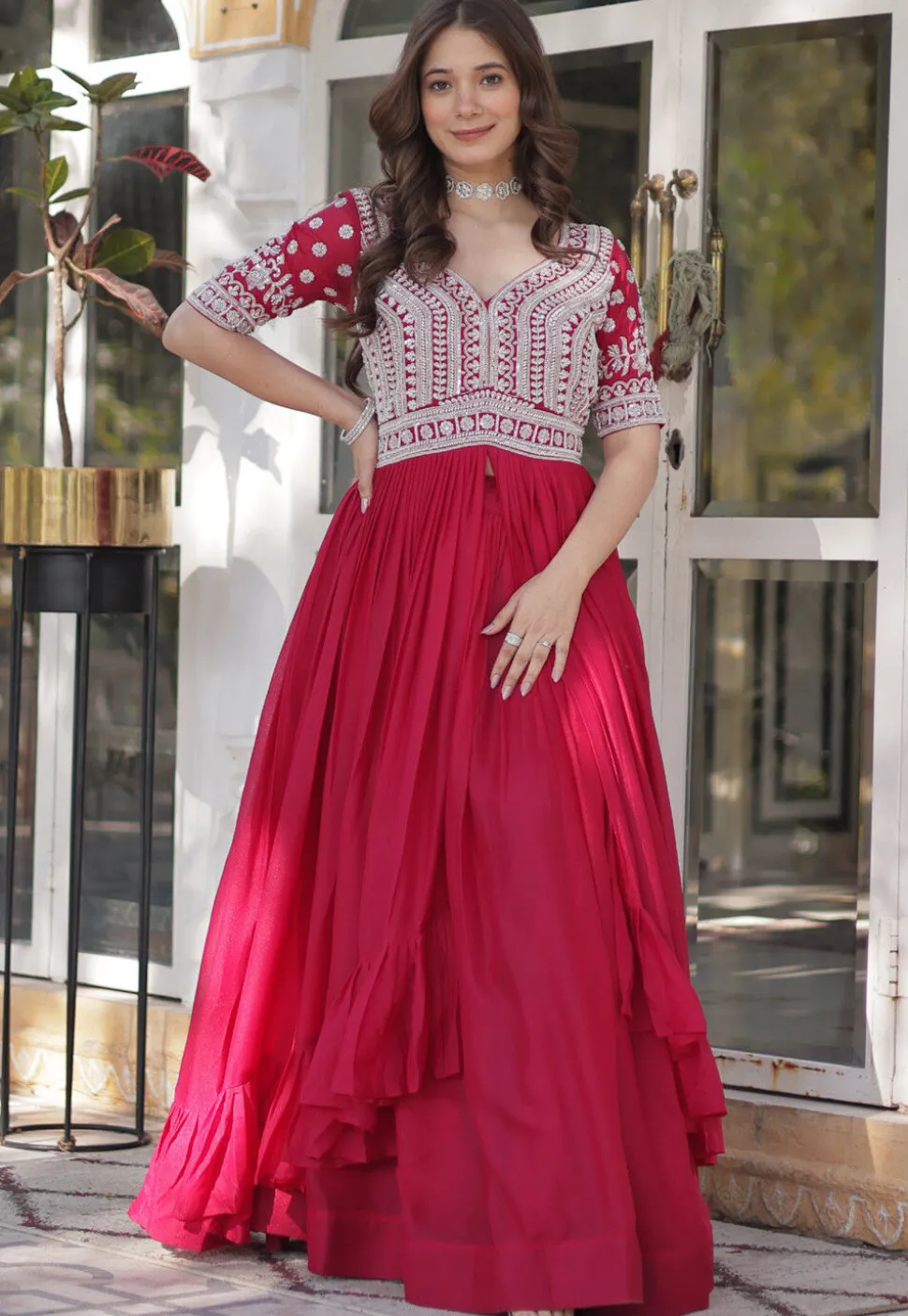 Hand Embroidered Georgette Front Slit Kurta Set in Fuchsia