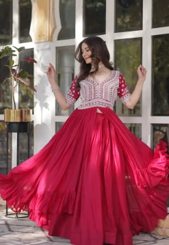 Hand Embroidered Georgette Front Slit Kurta Set in Fuchsia